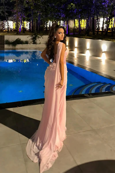 Luxury Blush Pink Chiffon One-Shoulder Ruched Embellished Draped Train Maxi Prom Dresses