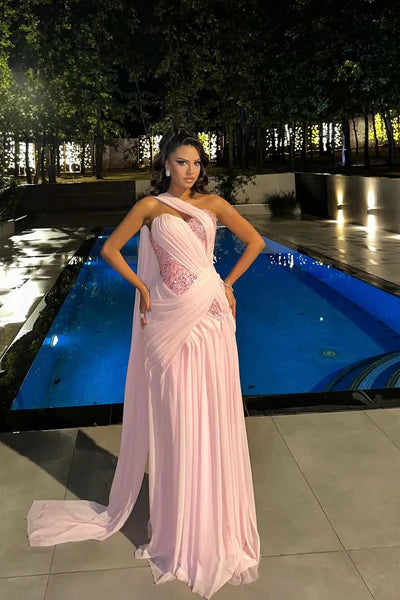 Luxury Blush Pink Chiffon One-Shoulder Ruched Embellished Draped Train Maxi Prom Dresses