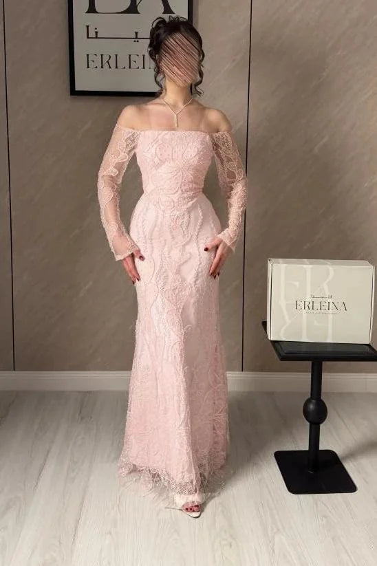 Luxury Blush Pink Lace Off-the-Shoulder Long Sleeve Beaded Embroidery Mermaid Maxi Prom Dresses
