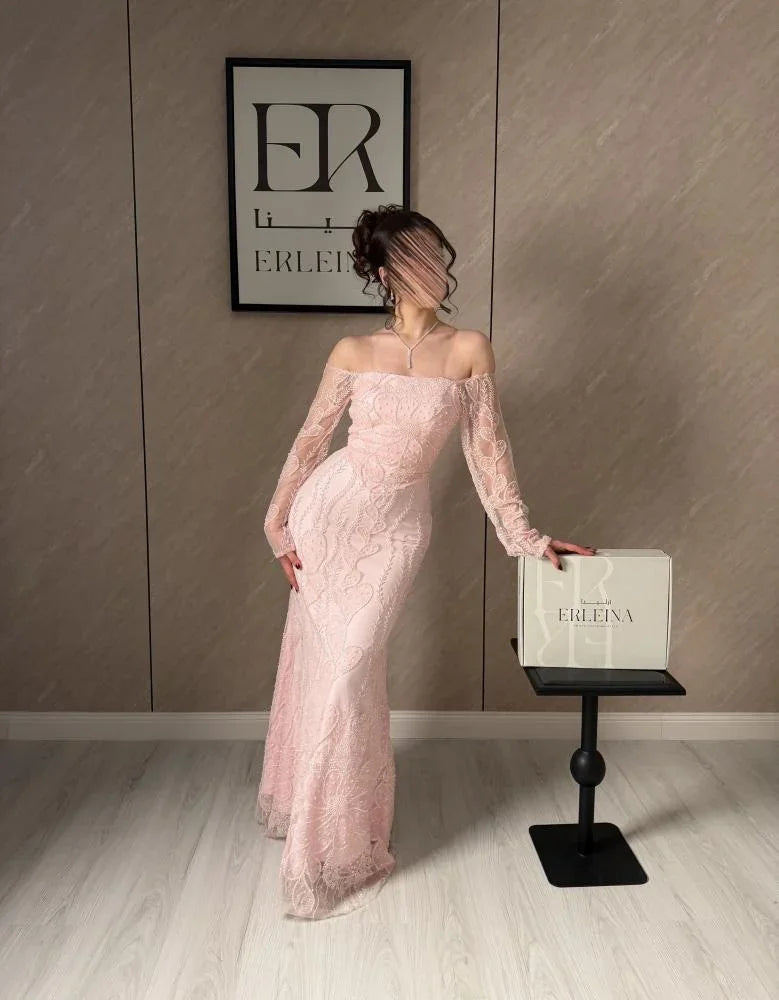 Luxury Blush Pink Lace Off-the-Shoulder Long Sleeve Beaded Embroidery Mermaid Maxi Prom Dresses