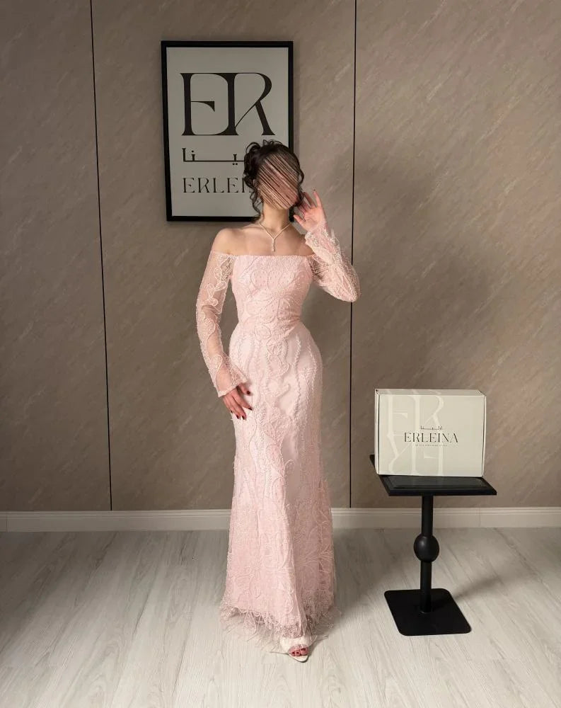 Luxury Blush Pink Lace Off-the-Shoulder Long Sleeve Beaded Embroidery Mermaid Maxi Prom Dresses