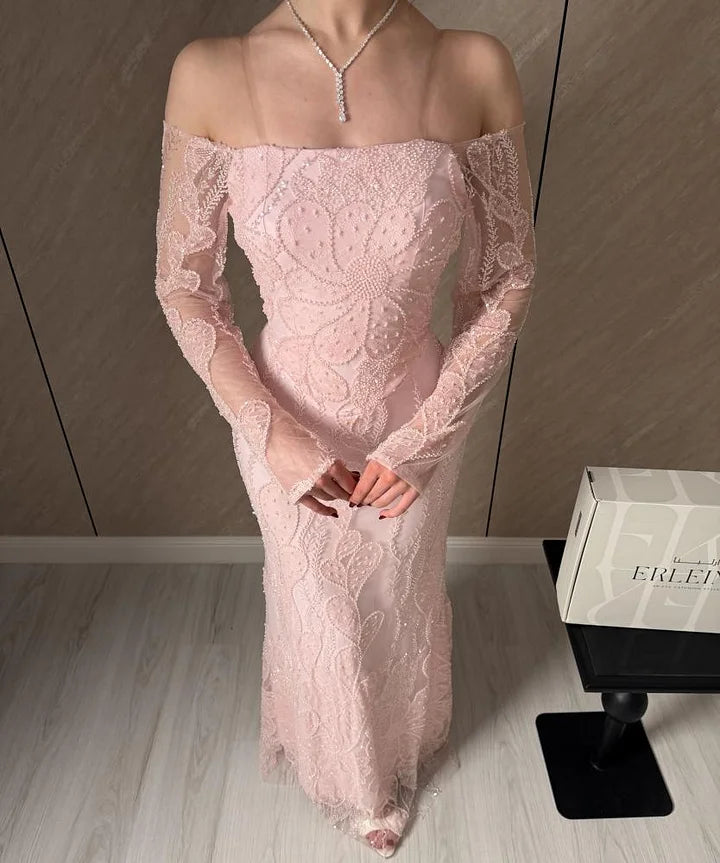 Luxury Blush Pink Lace Off-the-Shoulder Long Sleeve Beaded Embroidery Mermaid Maxi Prom Dresses