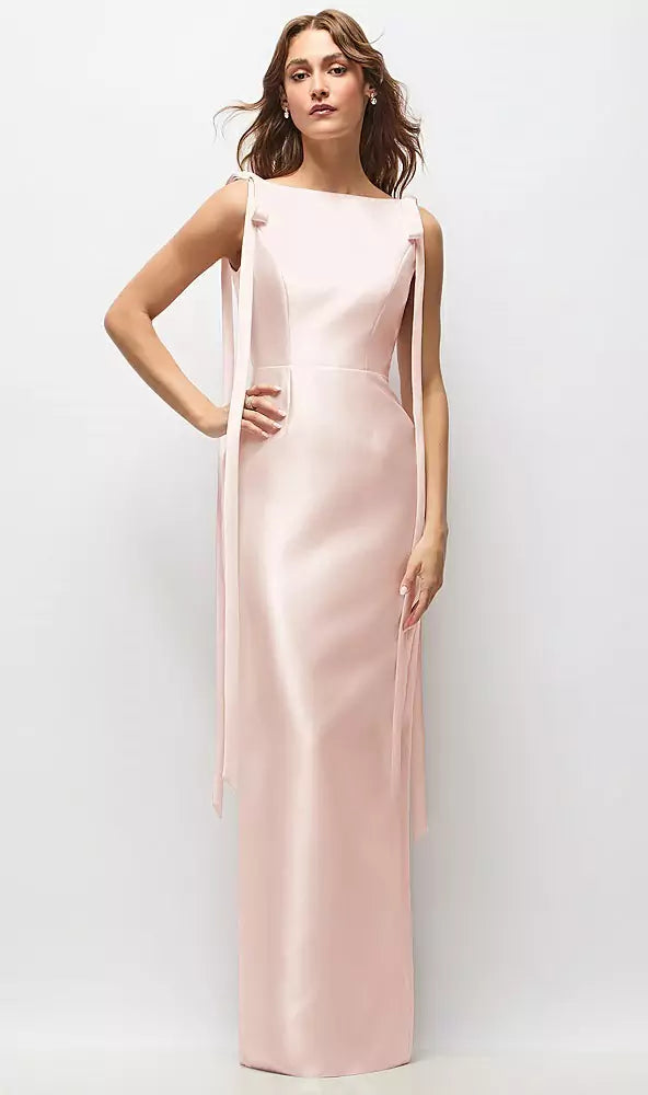 Luxury Blush Pink Satin Boat Neck Shoulder Tie Detail V-Back Slit Column Maxi Prom Dresses