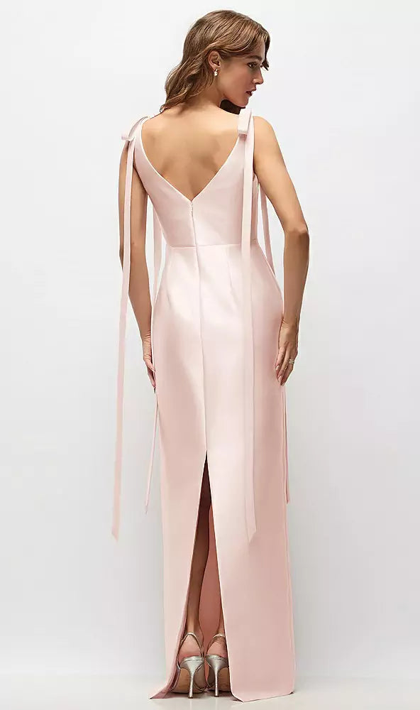 Luxury Blush Pink Satin Boat Neck Shoulder Tie Detail V-Back Slit Column Maxi Prom Dresses