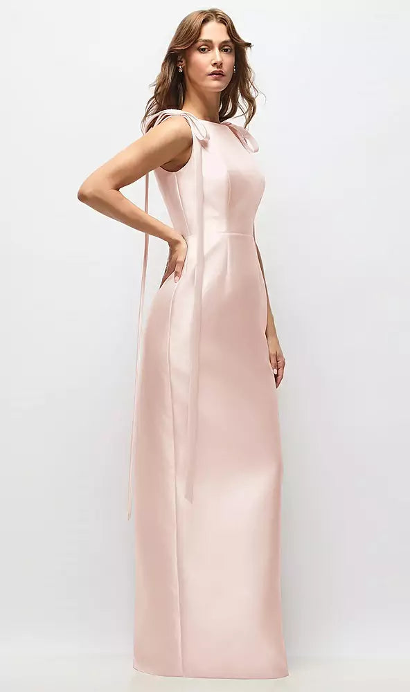 Luxury Blush Pink Satin Boat Neck Shoulder Tie Detail V-Back Slit Column Maxi Prom Dresses