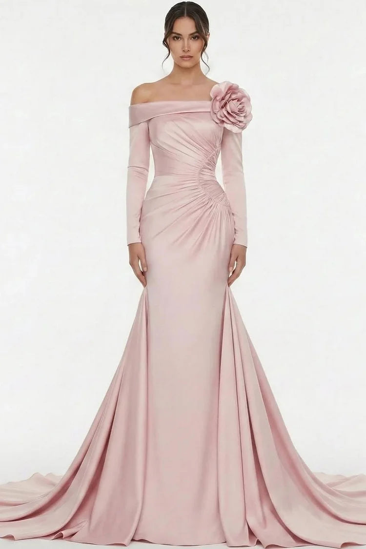 Luxury Blush Pink Satin Off-the-Shoulder Long Sleeve 3D Floral Applique Ruched Mermaid Train Maxi Prom Dresses