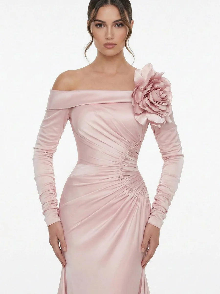 Luxury Blush Pink Satin Off-the-Shoulder Long Sleeve 3D Floral Applique Ruched Mermaid Train Maxi Prom Dresses
