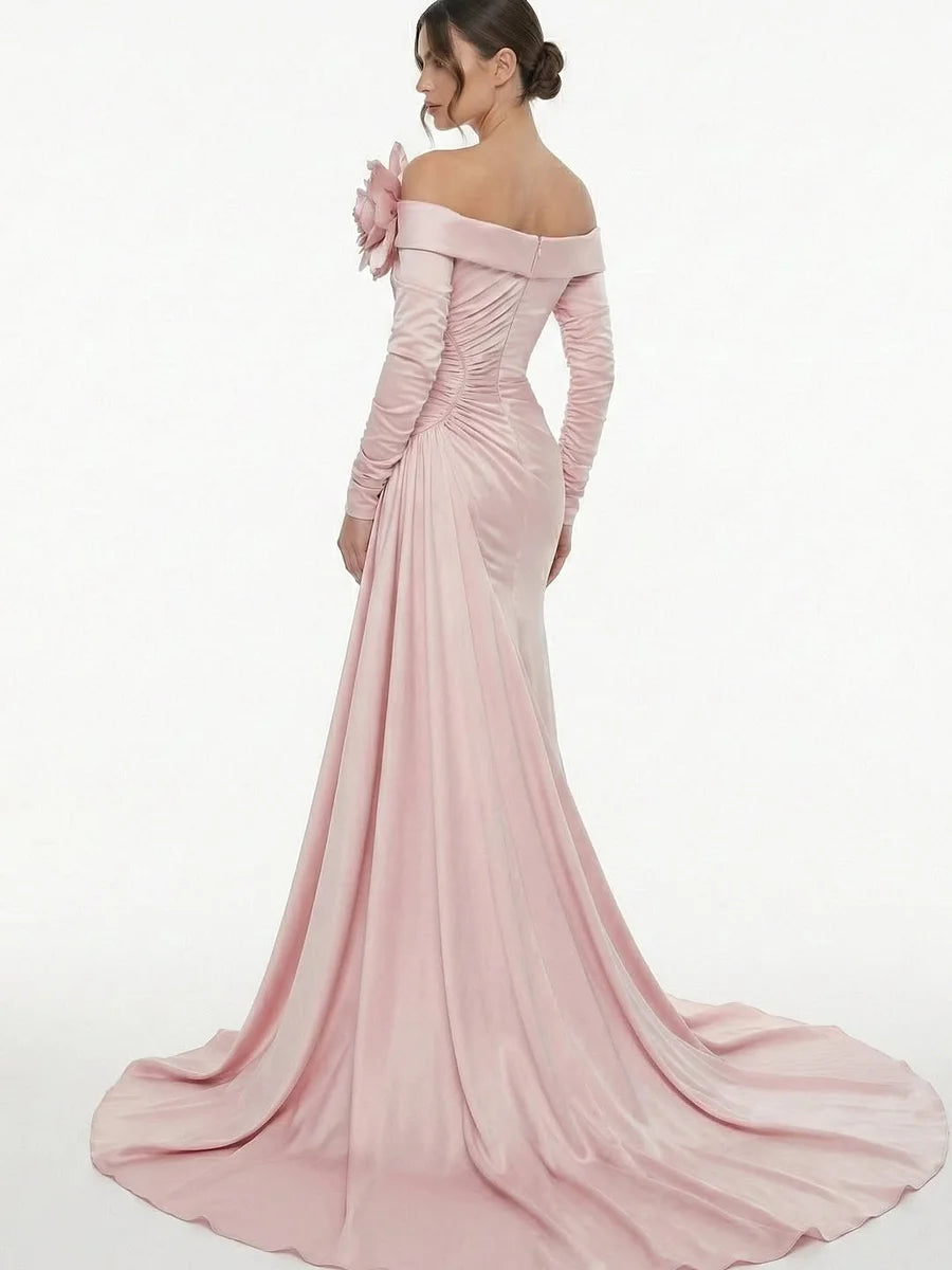 Luxury Blush Pink Satin Off-the-Shoulder Long Sleeve 3D Floral Applique Ruched Mermaid Train Maxi Prom Dresses