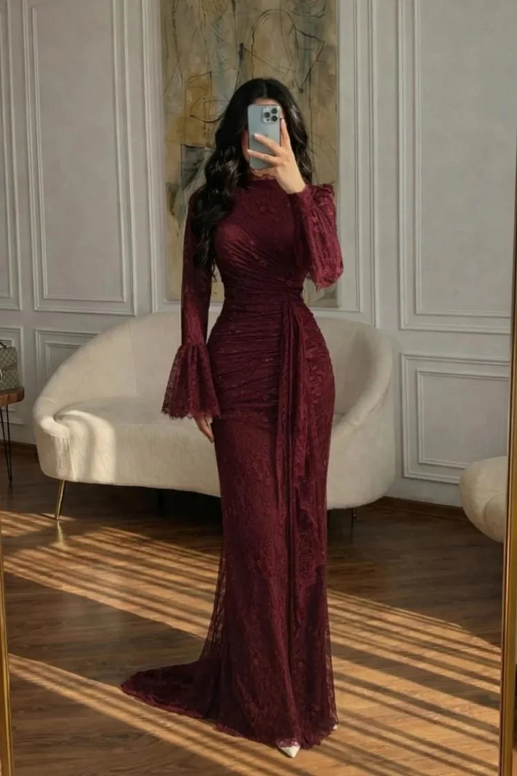 Luxury Burgundy Lace High Neck Long Flare Sleeve Ruched Waist Mermaid Train Maxi Prom Dresses
