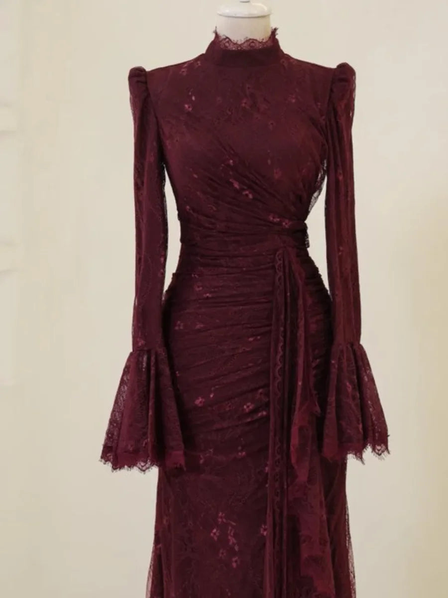 Luxury Burgundy Lace High Neck Long Flare Sleeve Ruched Waist Mermaid Train Maxi Prom Dresses