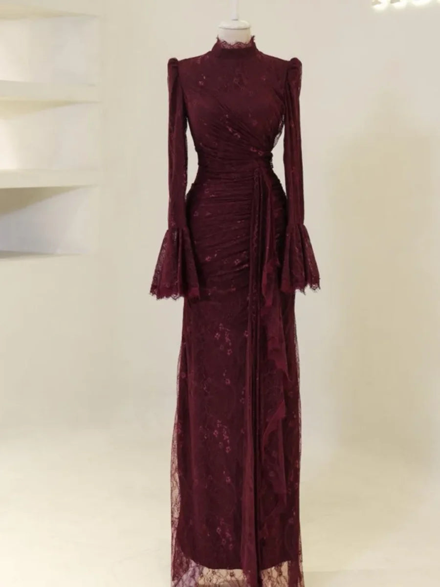 Luxury Burgundy Lace High Neck Long Flare Sleeve Ruched Waist Mermaid Train Maxi Prom Dresses