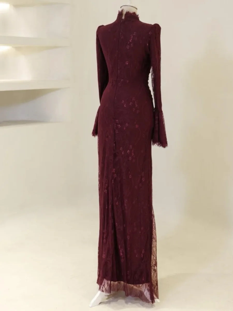 Luxury Burgundy Lace High Neck Long Flare Sleeve Ruched Waist Mermaid Train Maxi Prom Dresses