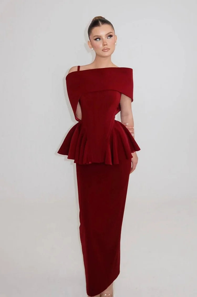 Luxury Burgundy Off-the-Shoulder Capelet Detail Peplum Waist Asymmetric Hem Maxi Prom Dresses