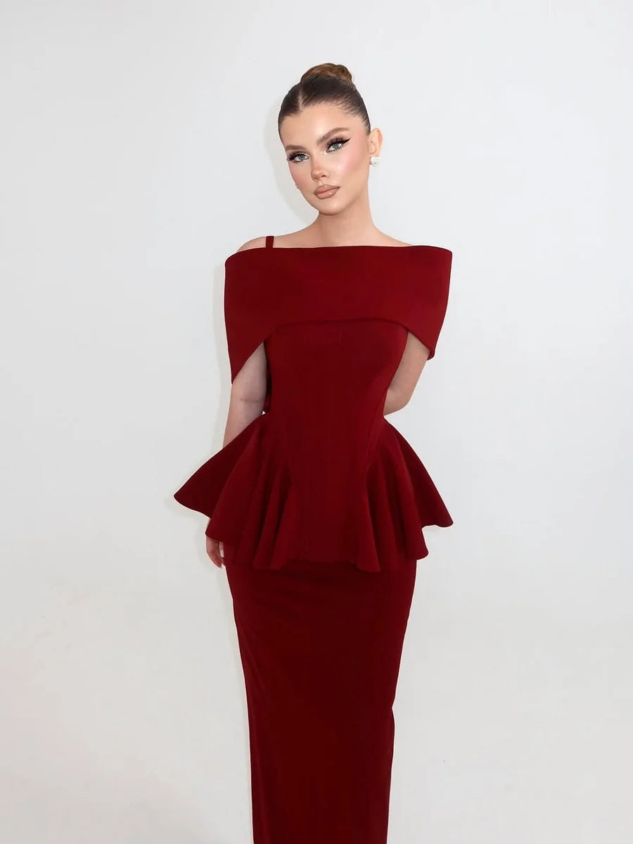 Luxury Burgundy Off-the-Shoulder Capelet Detail Peplum Waist Asymmetric Hem Maxi Prom Dresses