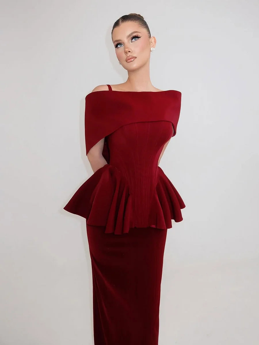 Luxury Burgundy Off-the-Shoulder Capelet Detail Peplum Waist Asymmetric Hem Maxi Prom Dresses