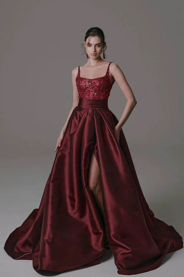 Luxury Burgundy Sequin Embellished Bodice Satin High Slit Ball Gown Maxi Prom Dresses
