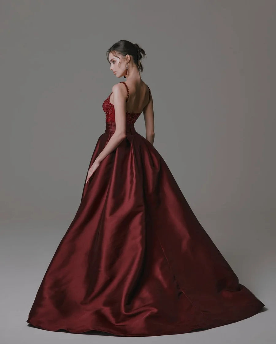 Luxury Burgundy Sequin Embellished Bodice Satin High Slit Ball Gown Maxi Prom Dresses
