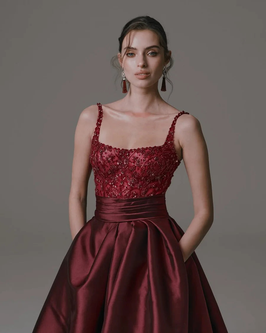 Luxury Burgundy Sequin Embellished Bodice Satin High Slit Ball Gown Maxi Prom Dresses