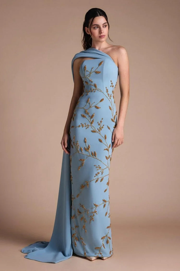 Luxury Dusty Blue One-Shoulder Draped Detail Gold Beaded Leaf Embroidery Mermaid Train Maxi Prom Dresses