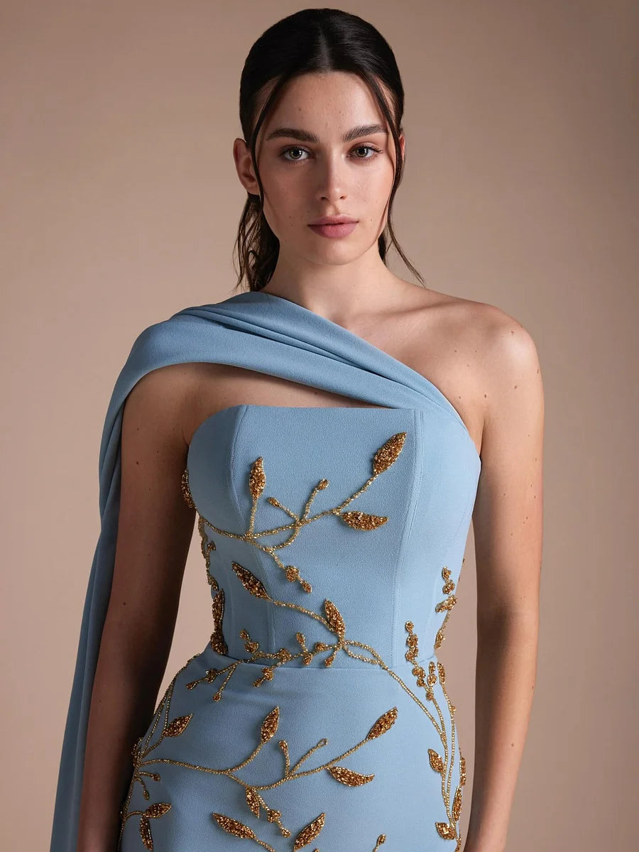 Luxury Dusty Blue One-Shoulder Draped Detail Gold Beaded Leaf Embroidery Mermaid Train Maxi Prom Dresses