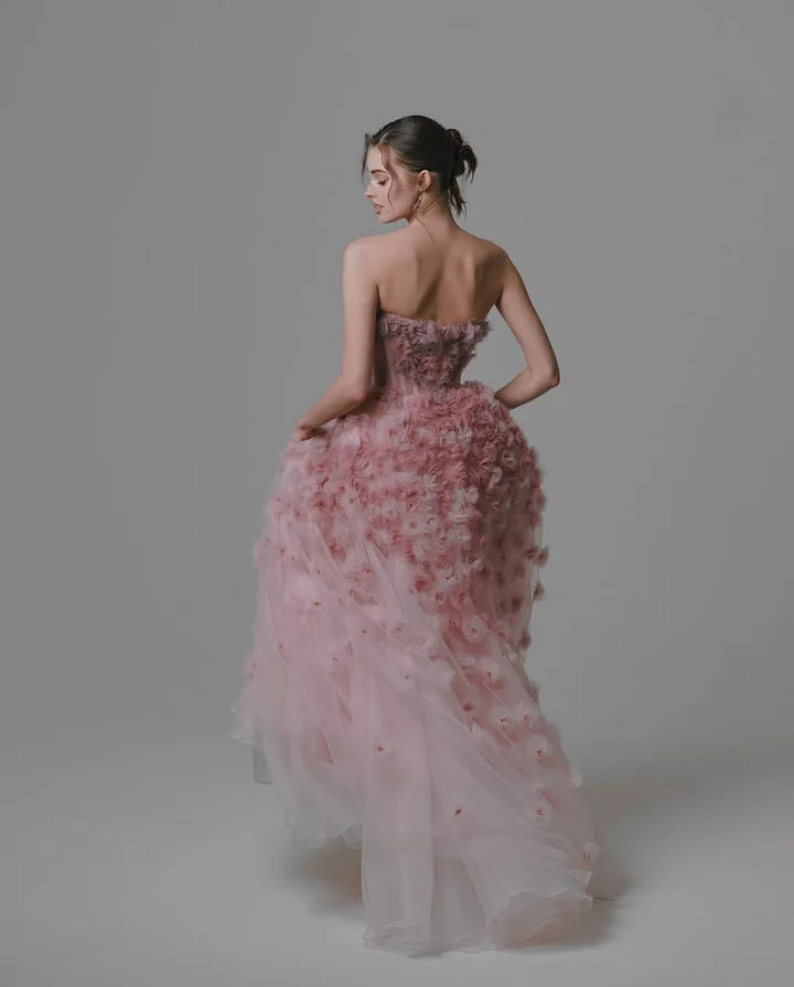 Luxury Dusty Pink 3D Flower Applique Strapless Tulle High-Low Maxi Prom Dresses