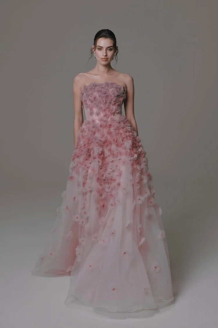 Luxury Dusty Pink 3D Flower Applique Strapless Tulle High-Low Maxi Prom Dresses