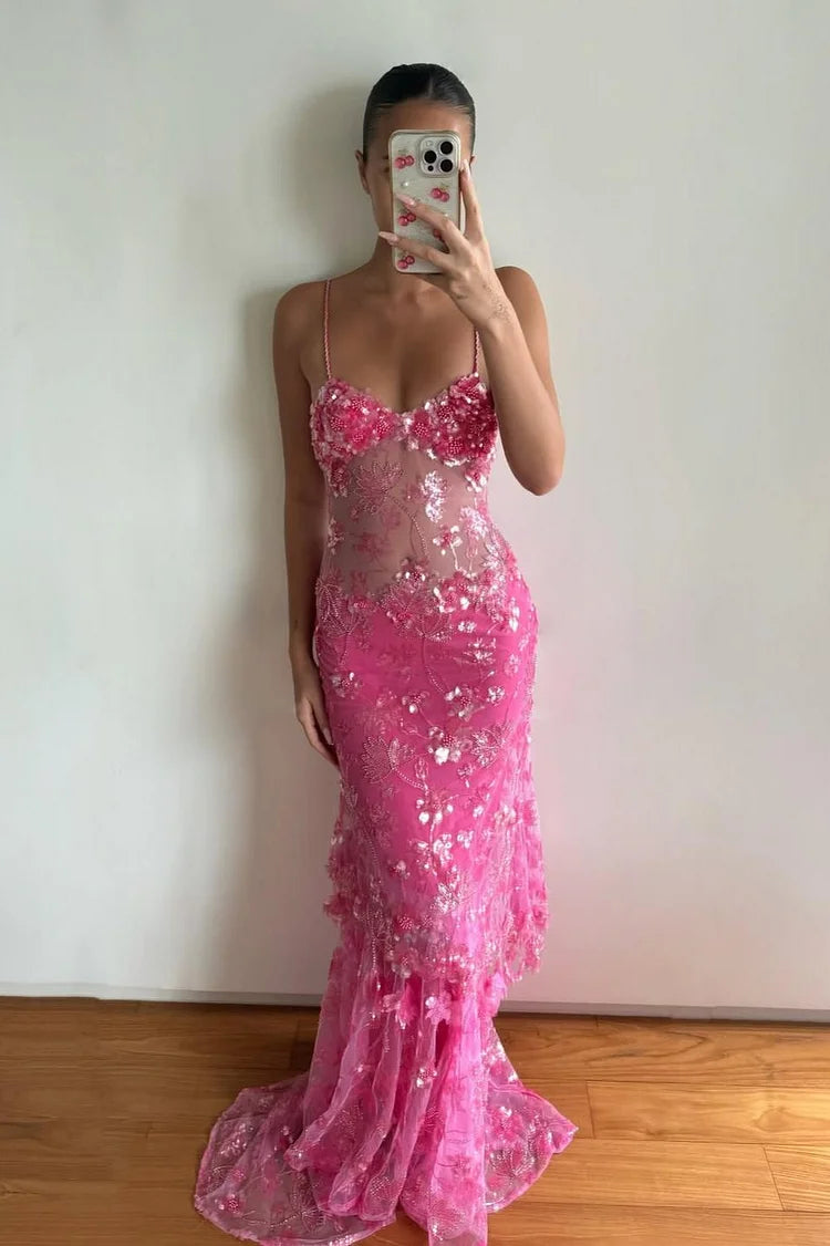 Luxury Hot Pink Sequin 3D Floral Applique Spaghetti Strap Sheer Mermaid Maxi Prom Dresses