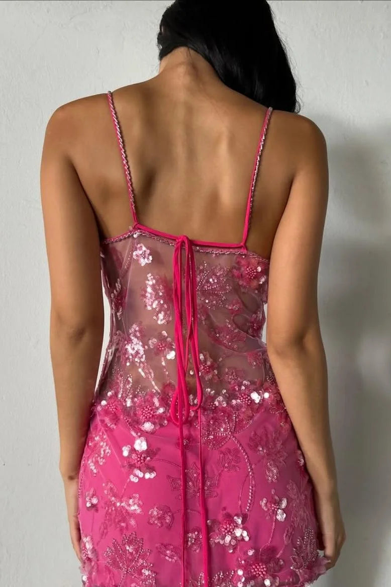 Luxury Hot Pink Sequin 3D Floral Applique Spaghetti Strap Sheer Mermaid Maxi Prom Dresses