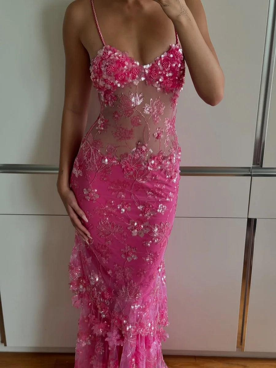Luxury Hot Pink Sequin 3D Floral Applique Spaghetti Strap Sheer Mermaid Maxi Prom Dresses