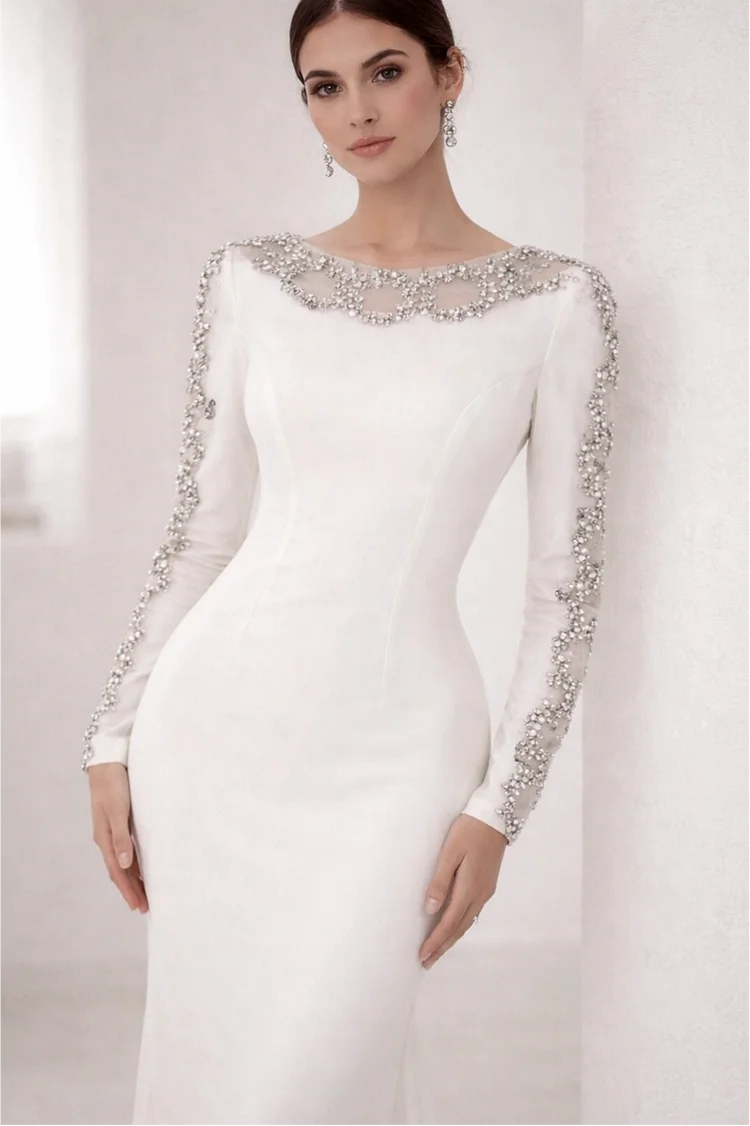 Luxury Ivory Beaded Illusion Neckline Long Sleeve Crepe Mermaid Back Slit Prom Dresses