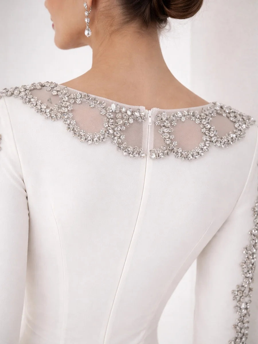 Luxury Ivory Beaded Illusion Neckline Long Sleeve Crepe Mermaid Back Slit Prom Dresses