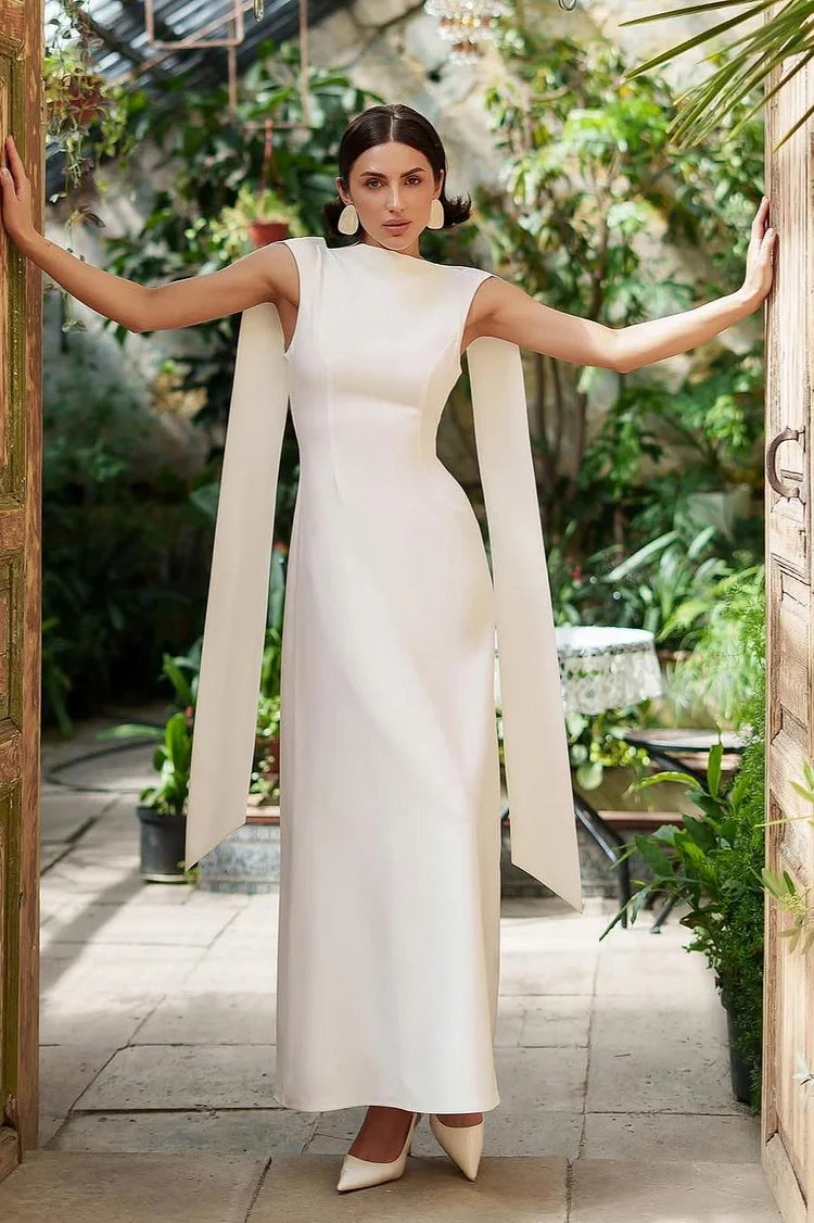 Luxury Ivory High Neck Cape Detail Open Back Column Maxi Prom Dresses