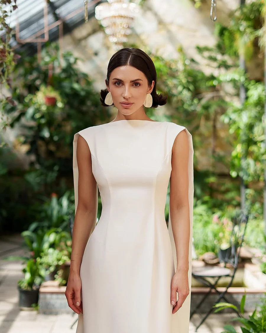 Luxury Ivory High Neck Cape Detail Open Back Column Maxi Prom Dresses