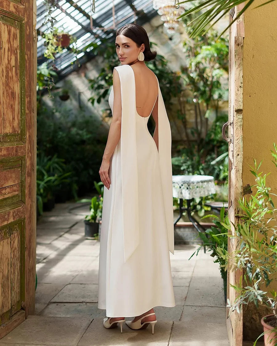 Luxury Ivory High Neck Cape Detail Open Back Column Maxi Prom Dresses