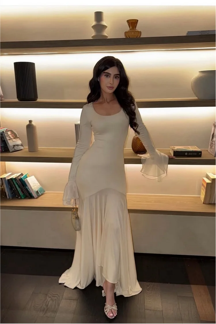Luxury Ivory Bodice Satin Trumpet Skirt Long Flare Sleeve Maxi Prom Dresses