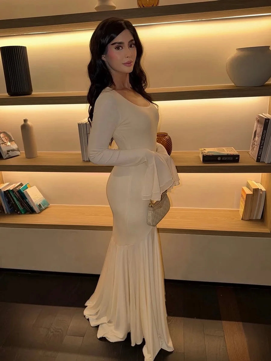 Luxury Ivory Bodice Satin Trumpet Skirt Long Flare Sleeve Maxi Prom Dresses