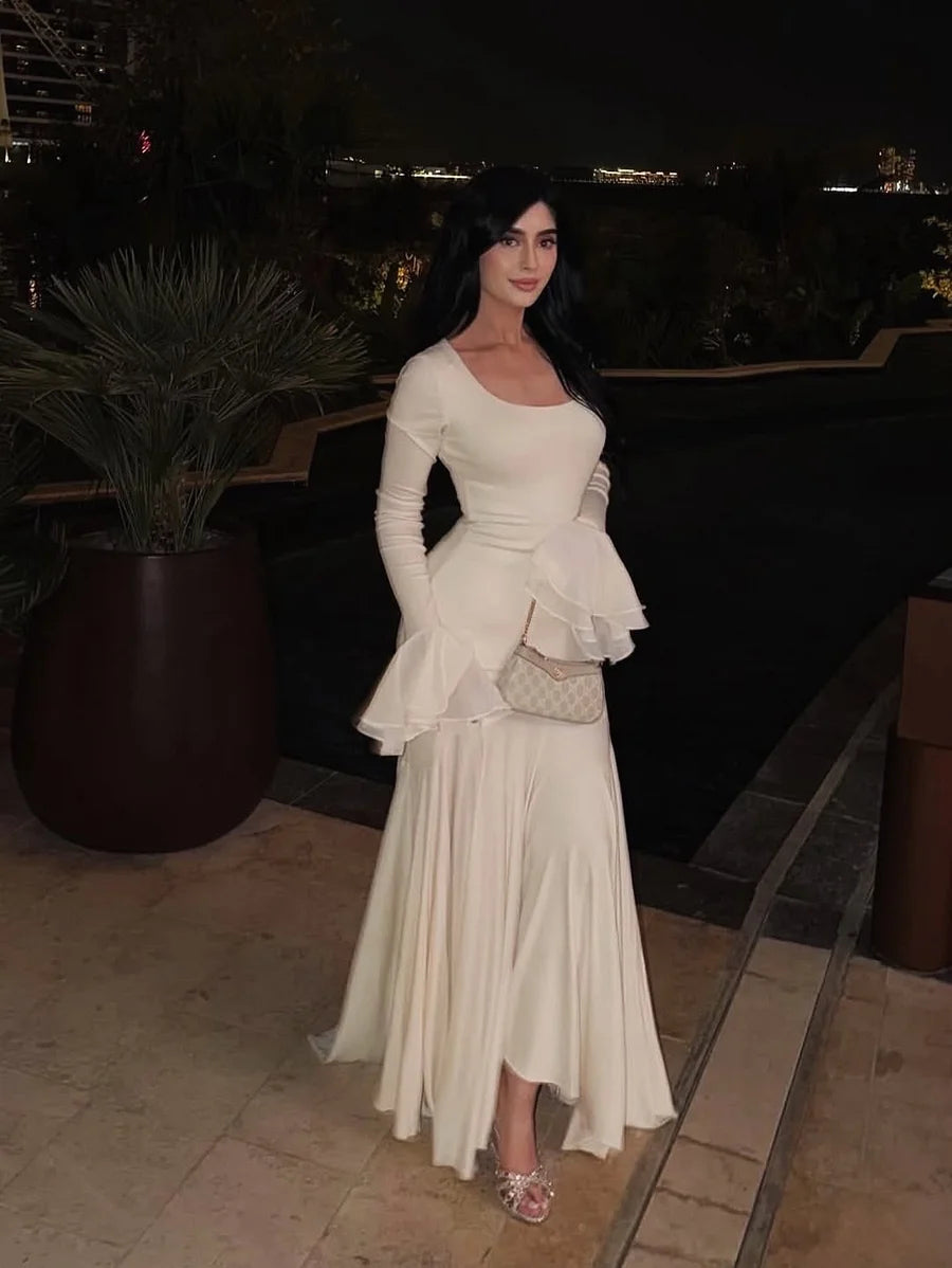 Luxury Ivory Bodice Satin Trumpet Skirt Long Flare Sleeve Maxi Prom Dresses