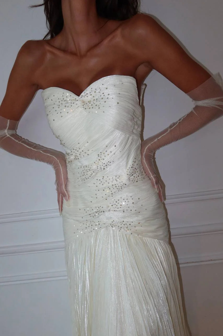 Luxury Ivory Prom Dresses with Pleated Fabric Beaded Bodice and Mermaid Train