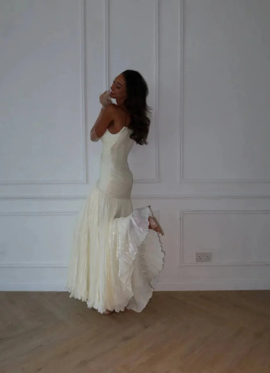 Luxury Ivory Prom Dresses with Pleated Fabric Beaded Bodice and Mermaid Train
