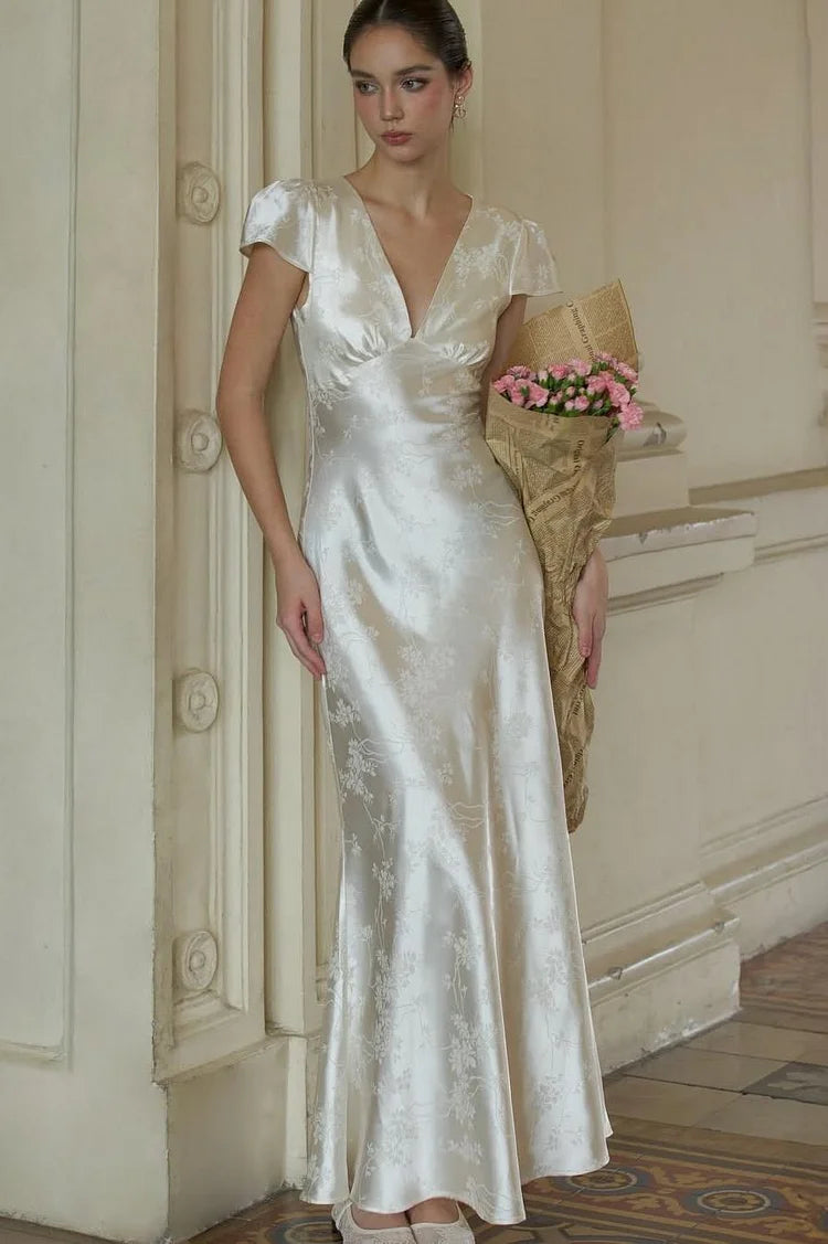 Luxury Ivory Satin Floral Jacquard Cap Sleeve Deep V Neck Bias Cut Maxi Prom Dresses