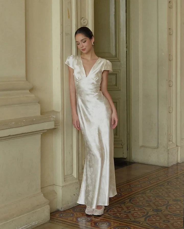 Luxury Ivory Satin Floral Jacquard Cap Sleeve Deep V Neck Bias Cut Maxi Prom Dresses