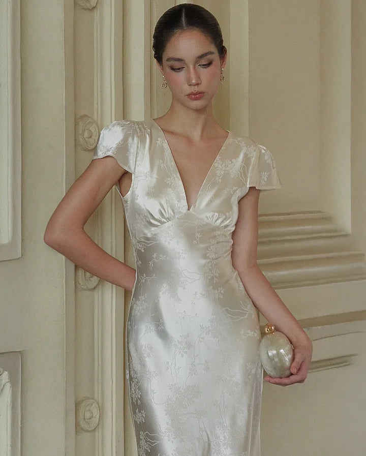 Luxury Ivory Satin Floral Jacquard Cap Sleeve Deep V Neck Bias Cut Maxi Prom Dresses