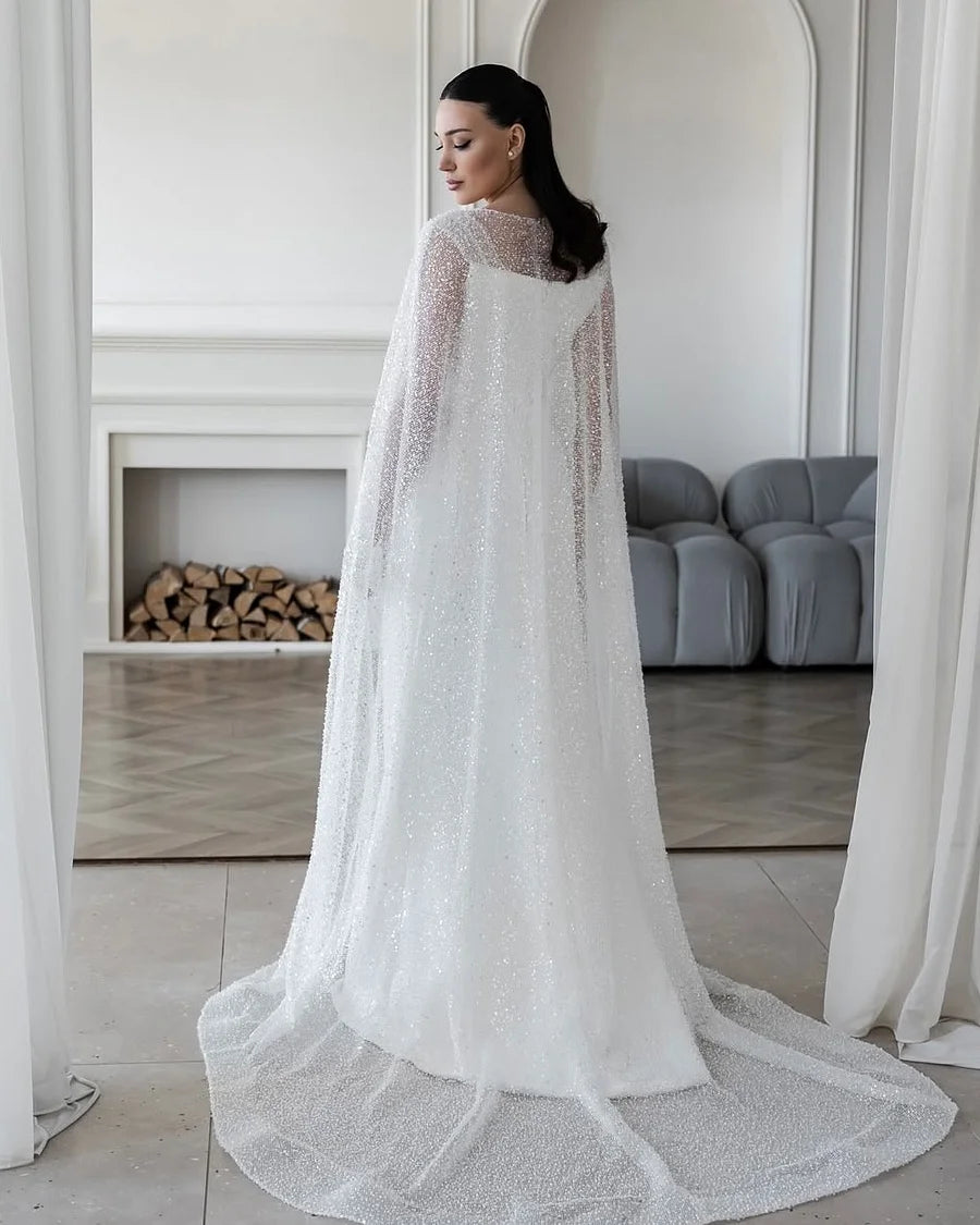 Luxury Ivory Satin Square Neck Mermaid Wedding Dress with Sequin Cape Overlay Prom Dresses