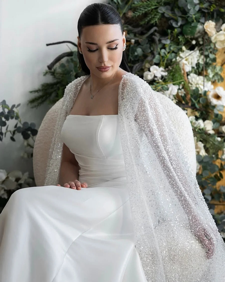 Luxury Ivory Satin Square Neck Mermaid Wedding Dress with Sequin Cape Overlay Prom Dresses