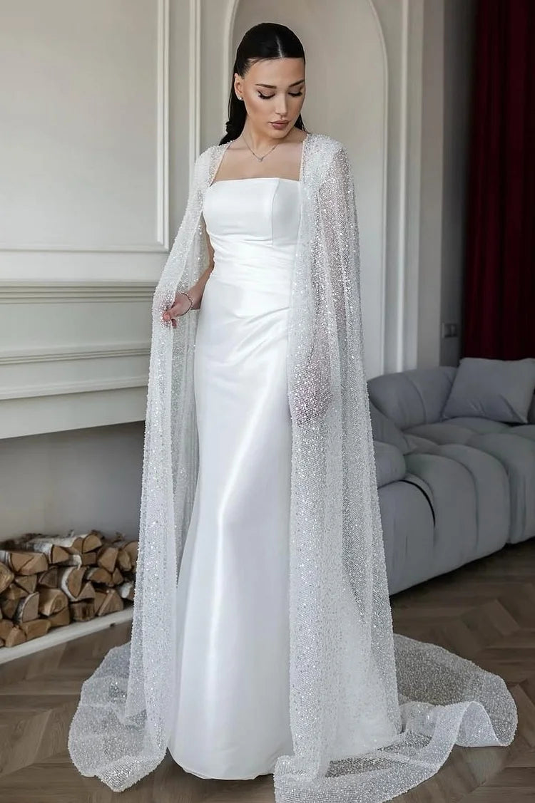Luxury Ivory Satin Square Neck Mermaid Wedding Dress with Sequin Cape Overlay Prom Dresses