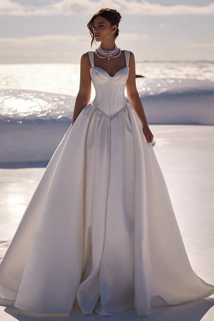 Luxury Ivory Satin Sweetheart Neck Corset Bodice Drop Waist Ball Gown Prom Dresses