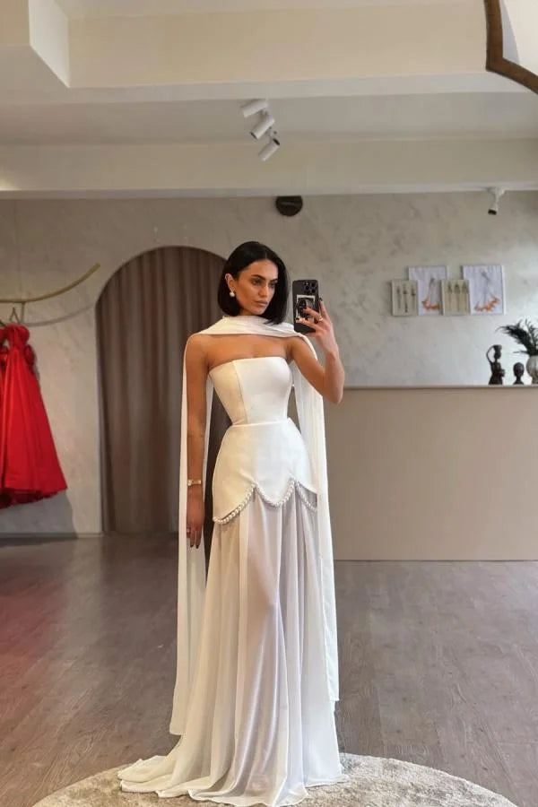 Luxury Ivory Strapless Structured Bodice Pearl Trimmed Capelet Chiffon Overlay Prom Dresses