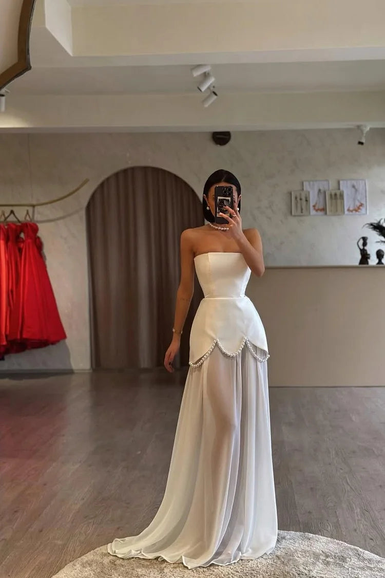 Luxury Ivory Strapless Structured Bodice Pearl Trimmed Capelet Chiffon Overlay Prom Dresses