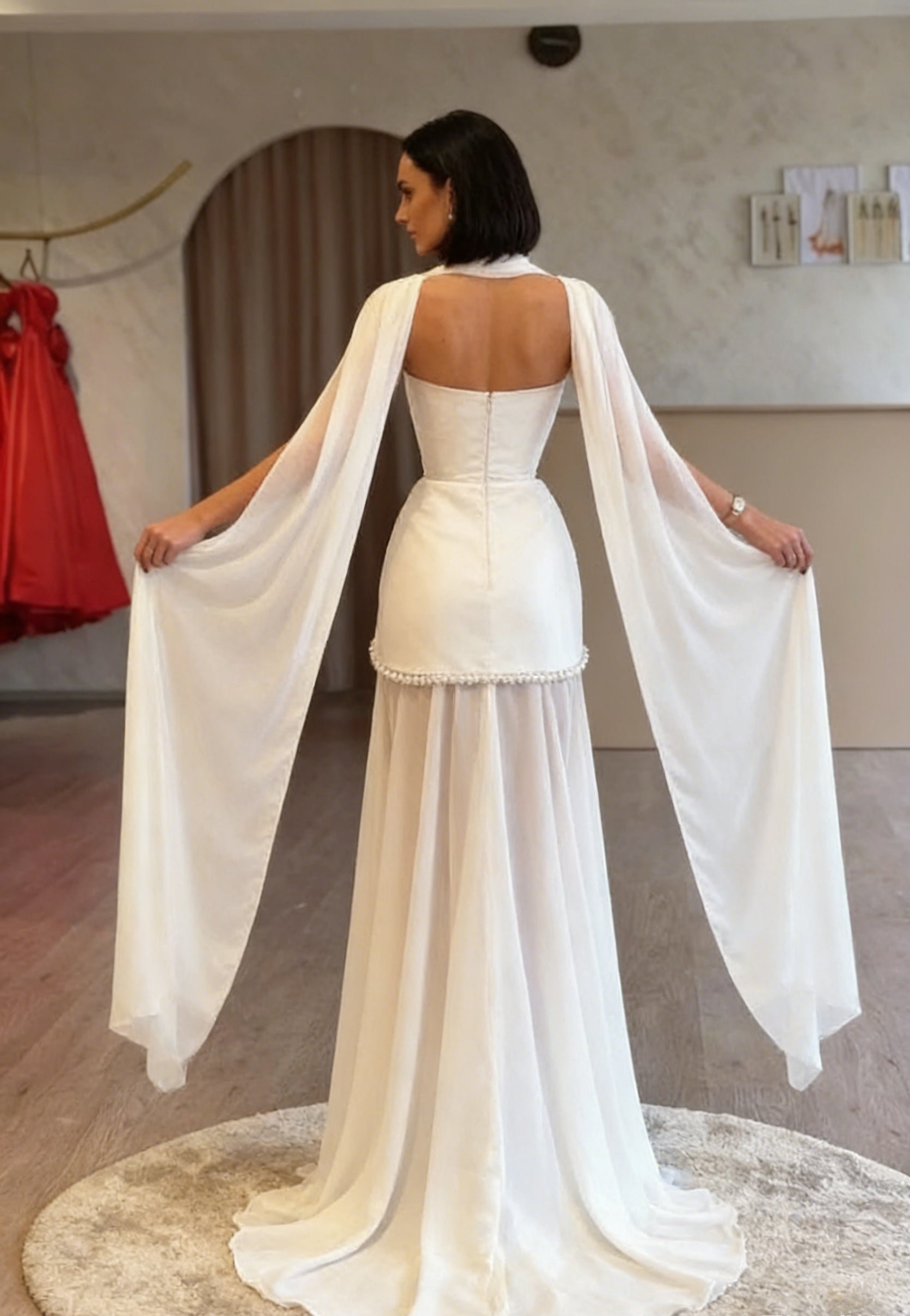 Luxury Ivory Strapless Structured Bodice Pearl Trimmed Capelet Chiffon Overlay Prom Dresses