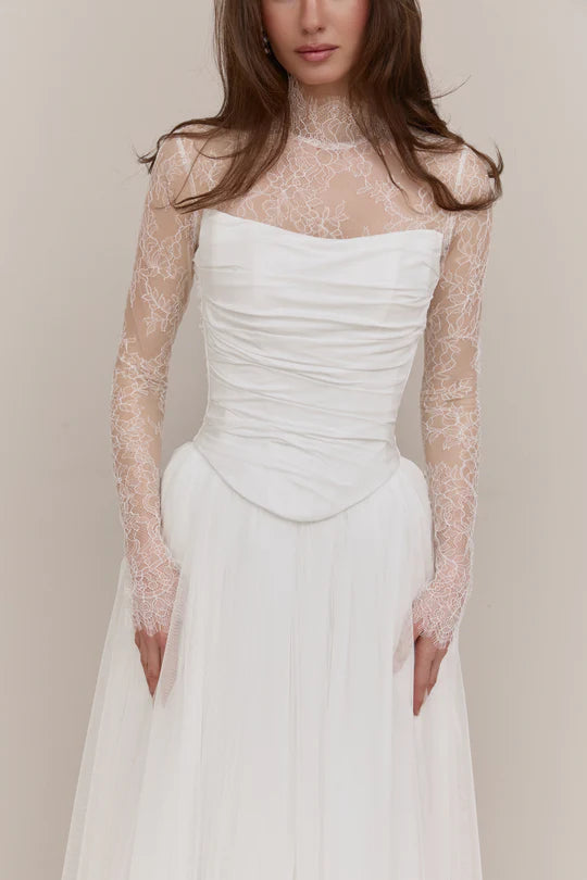 Luxury Ivory White Lace High Neck Long Sleeve Ruched Bodice Lace-Up Back A-Line Prom Dresses